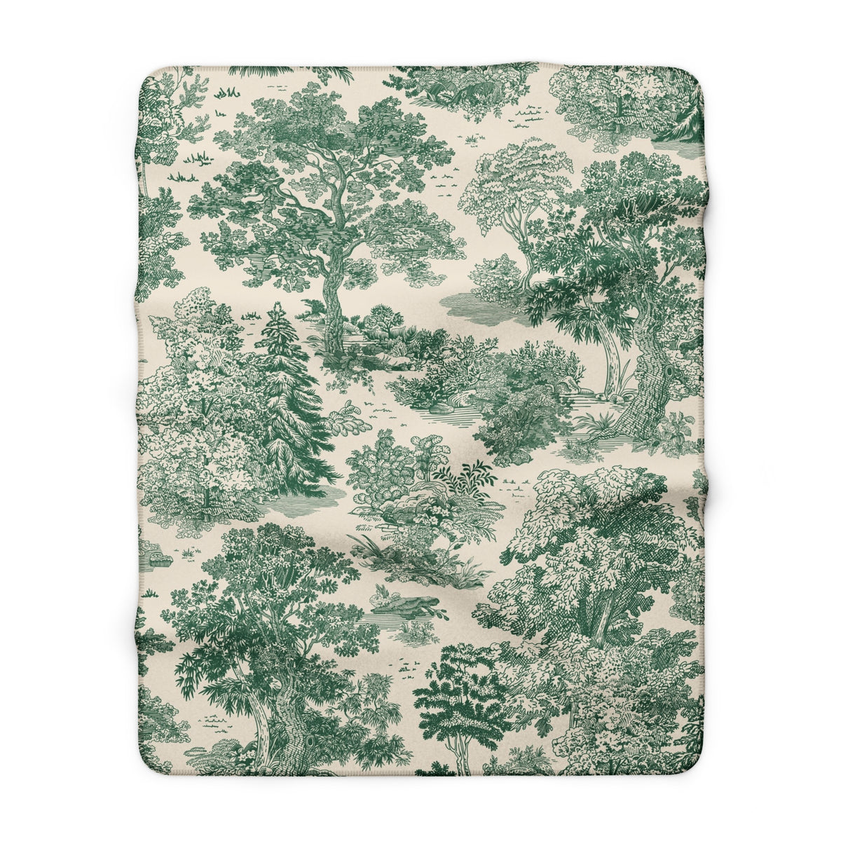 Green Toile Woodland Trees Sherpa Blanket | Forest Pattern Throw