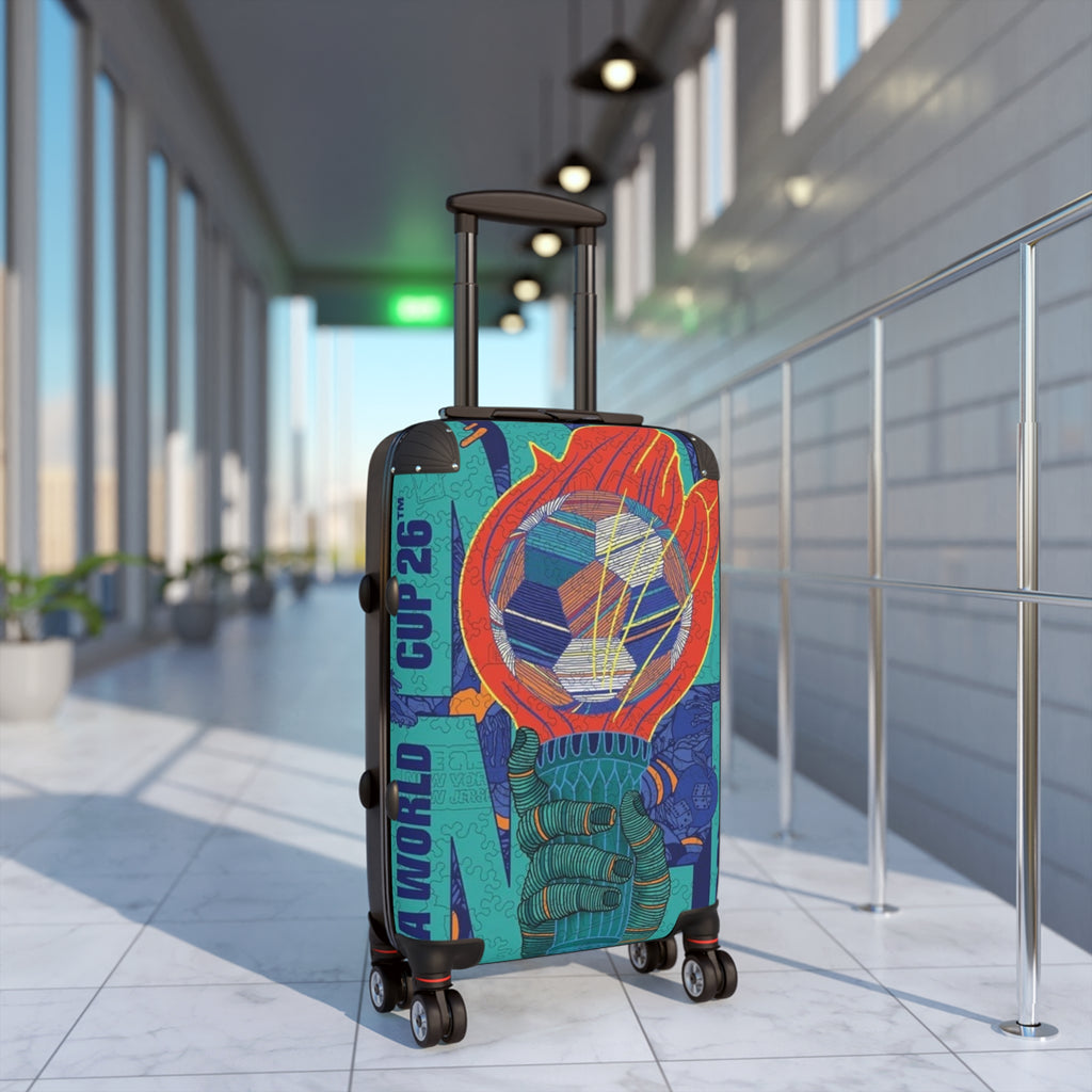Flaming Globe Suitcase — Retro Travel Carry-On with Bold Planetary Graphic