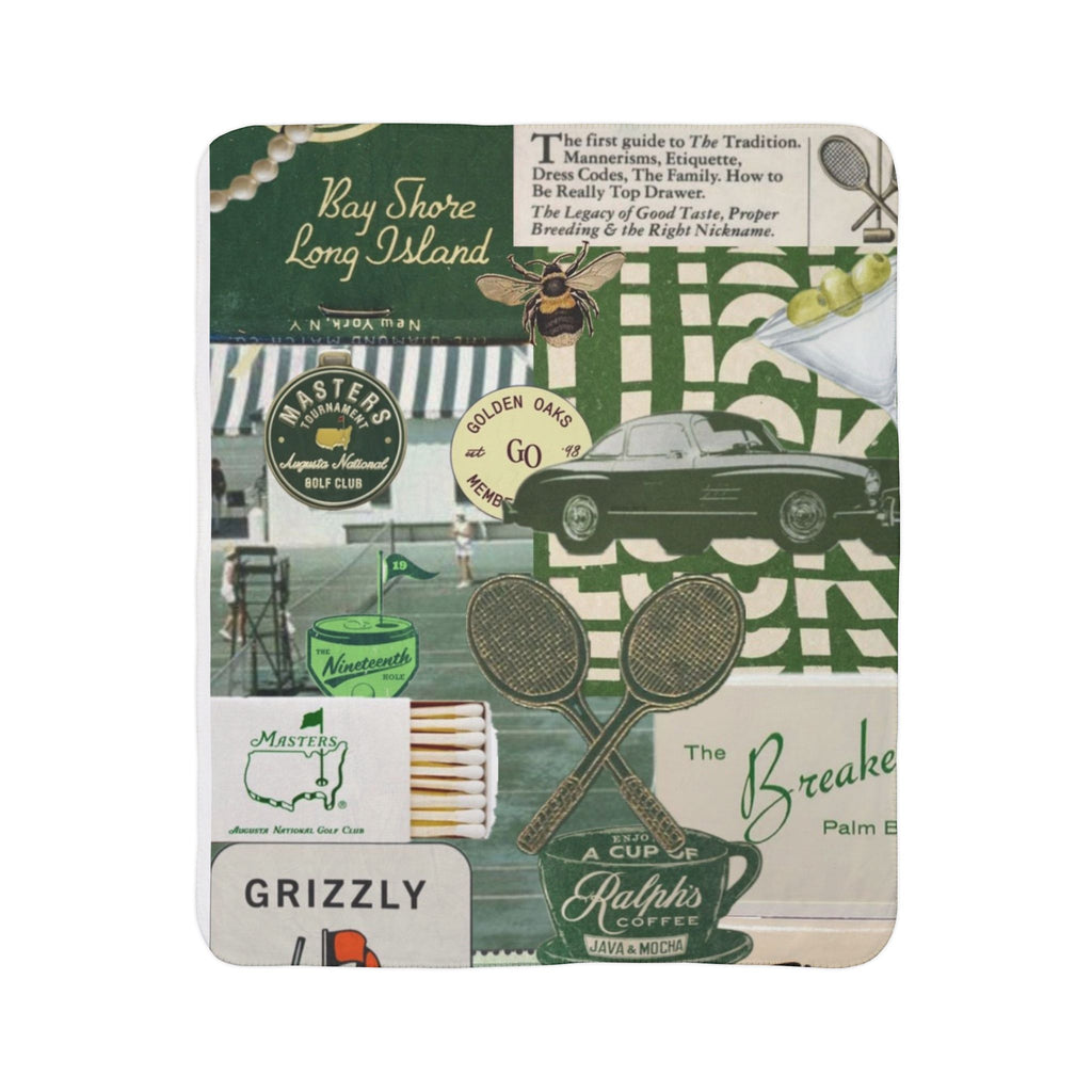 Vintage Green Collage Fleece Sherpa Blanket | Retro Car, Tennis, Travel Labels