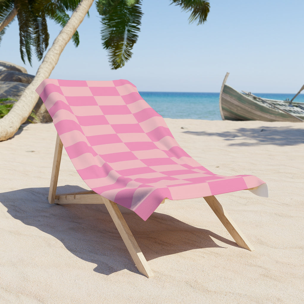 Pink Checkerboard Beach Towel — Retro Plaid Summer Towel