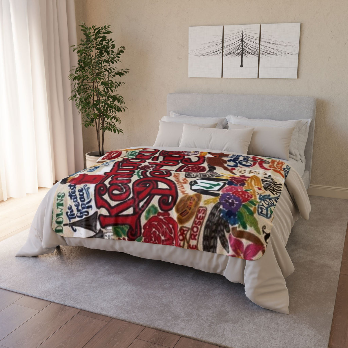 Kentucky Derby collage Fleece Sherpa Blanket | Rose, horseshoe, race day design