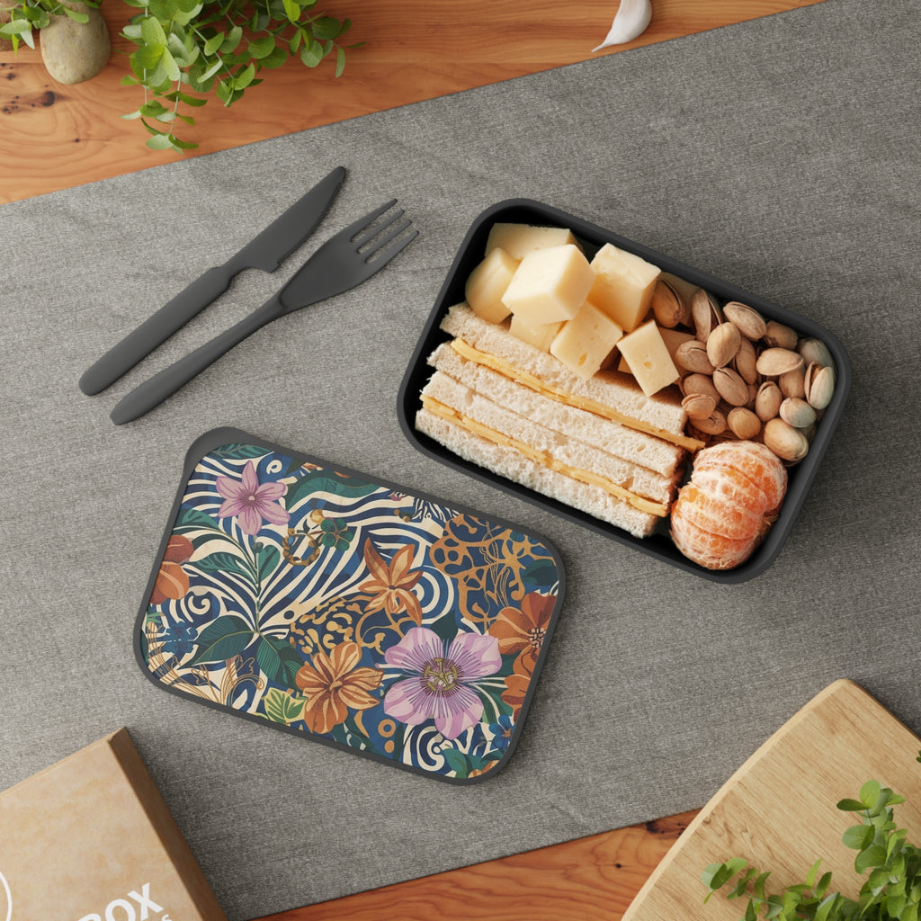 Tropical Floral Pattern Bento Box | PLA Lunch Container with Band & Utensils