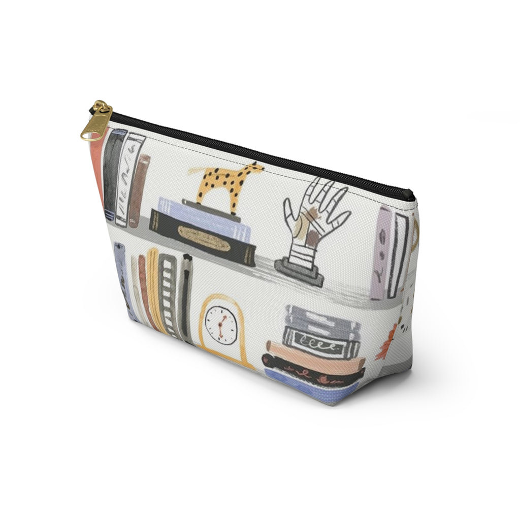 Bookish Accessory Pouch — Illustrated Bookshelf T-Bottom Cosmetic Bag