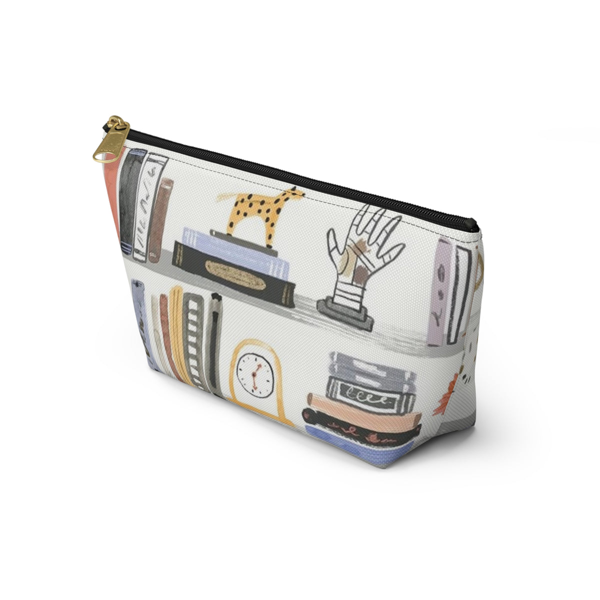 Bookish Accessory Pouch — Illustrated Bookshelf T-Bottom Cosmetic Bag