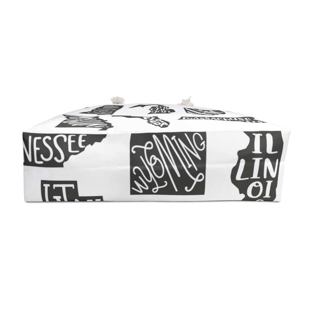 State Silhouette Weekender Bag — Monochrome Travel Tote with Hand-Lettered State Names