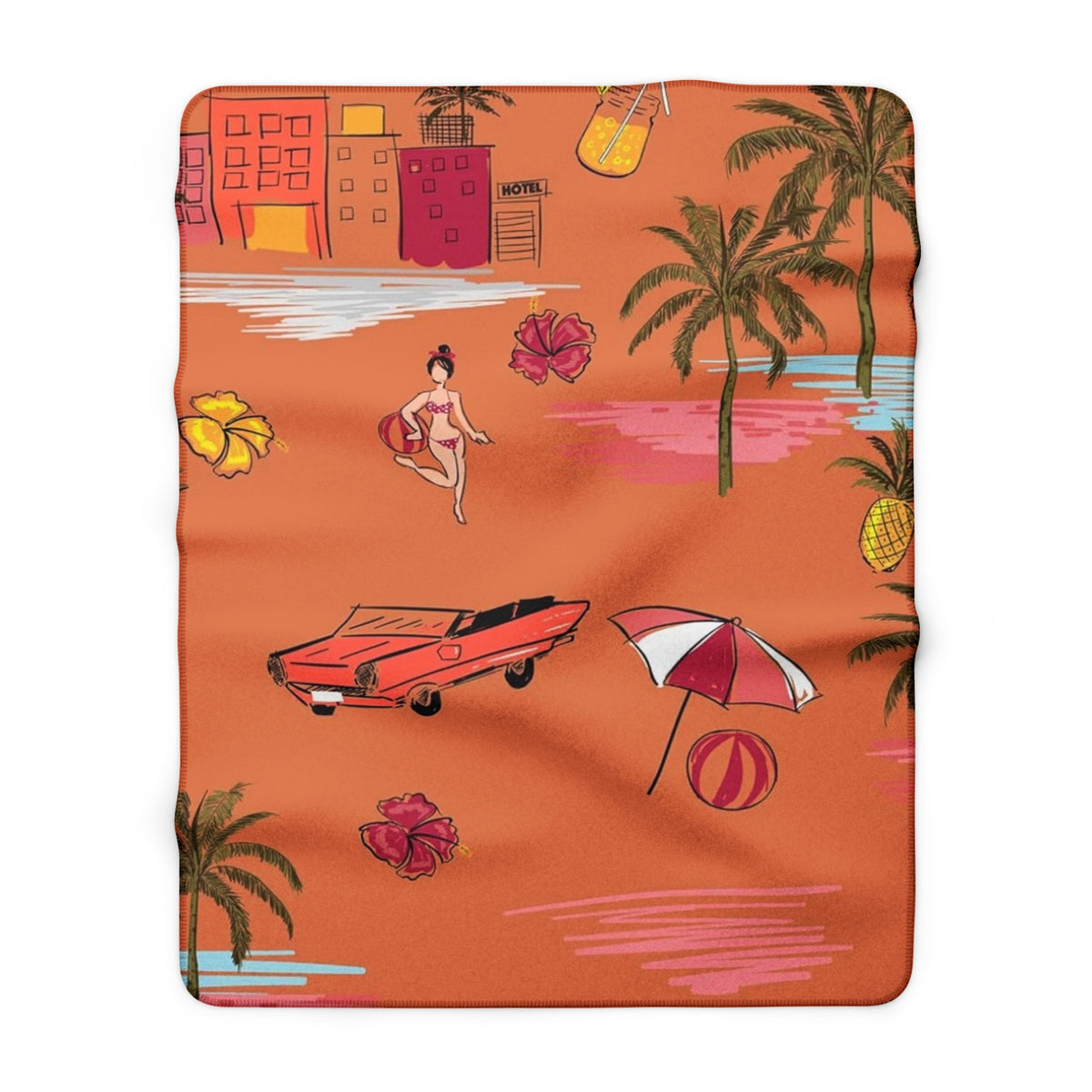 Retro Beach Pattern Sherpa Blanket | Palm Trees, Convertible, Tropical Print