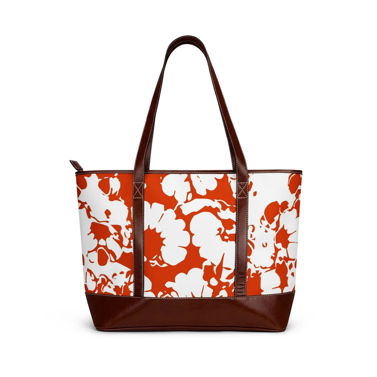 Orange Floral Pattern Handbag | Floral Tote, Brown Trim