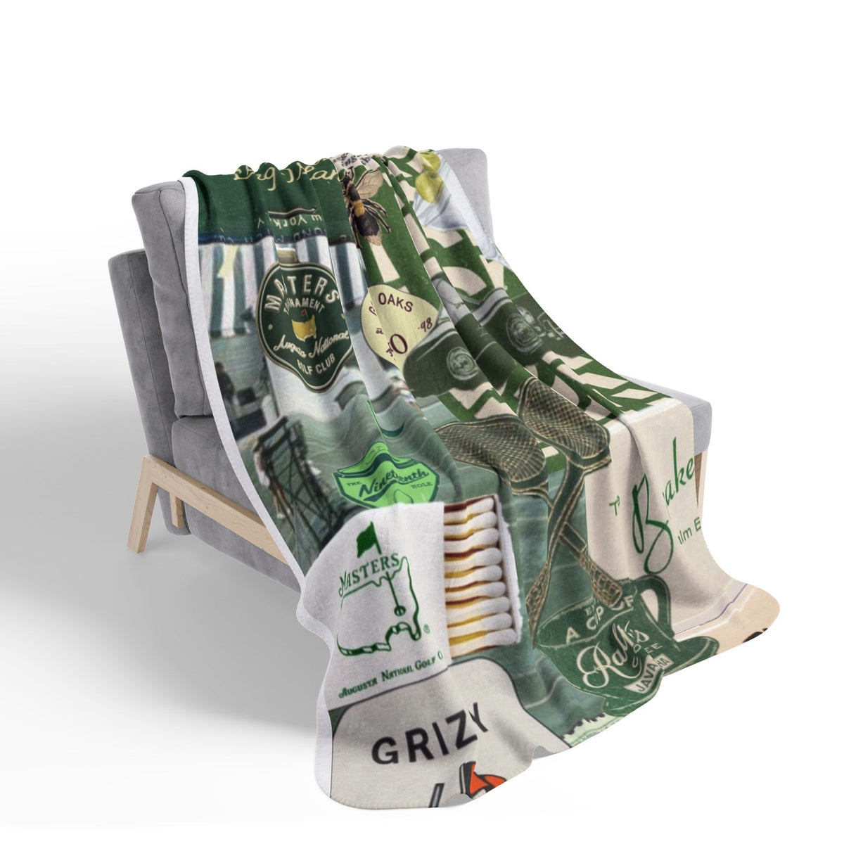 Vintage Green Collage Fleece Sherpa Blanket | Retro Car, Tennis, Travel Labels