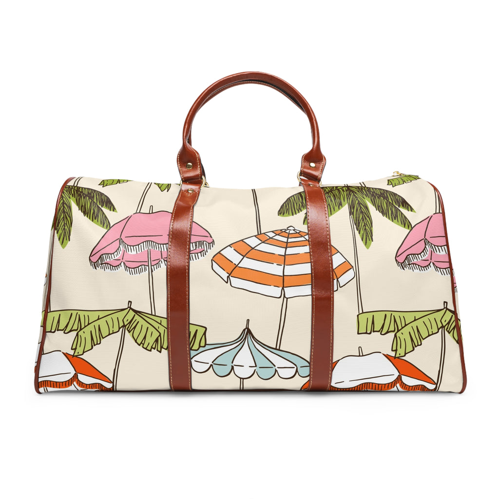 Beach Umbrella Pattern Travel Bag | Palm Trees, Striped Parasols, Waterproof