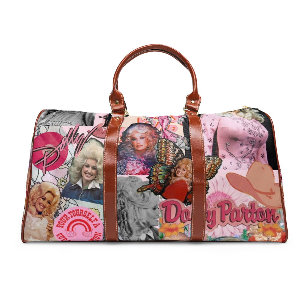 Dolly Parton Collage Waterproof Travel Bag — Retro Country Music Weekender Duffel