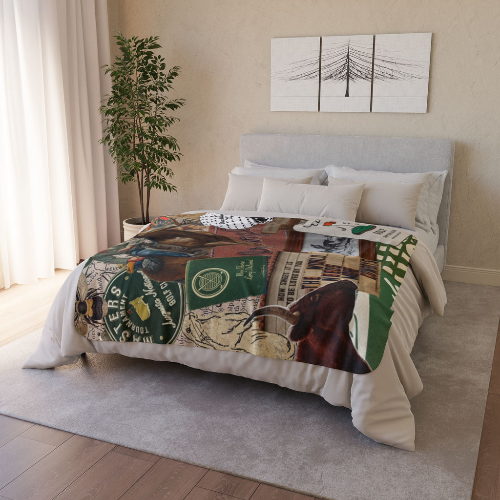Western Collage Fleece Sherpa Blanket | Rodeo, Cowboy, Golf Ephemera