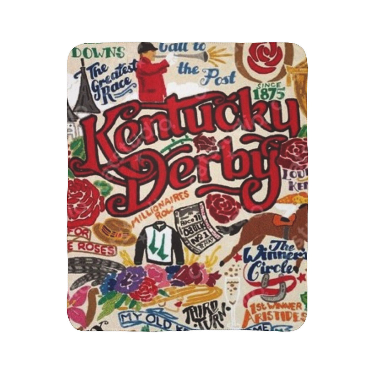 Kentucky Derby collage Fleece Sherpa Blanket | Rose, horseshoe, race day design