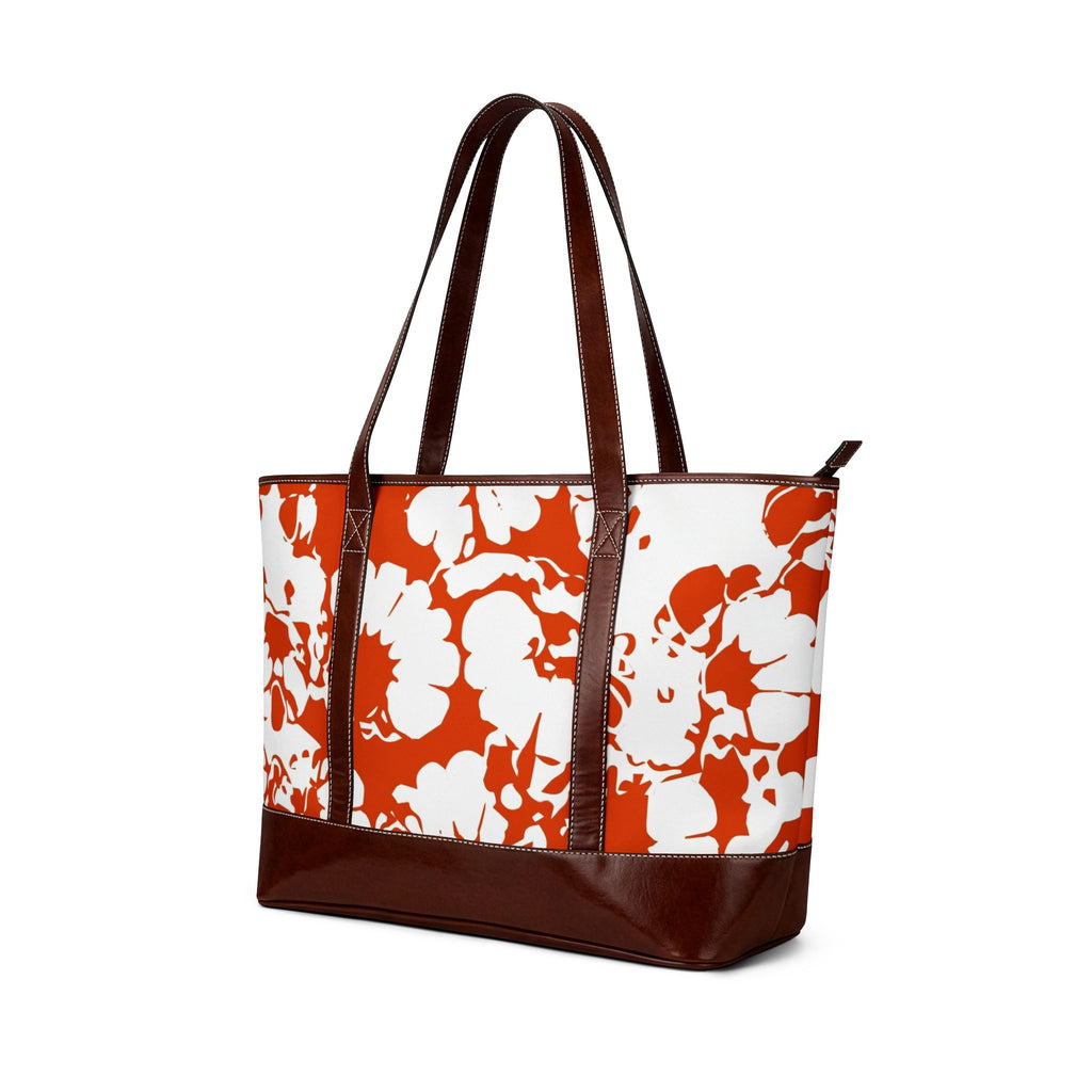 Orange Floral Pattern Handbag | Floral Tote, Brown Trim