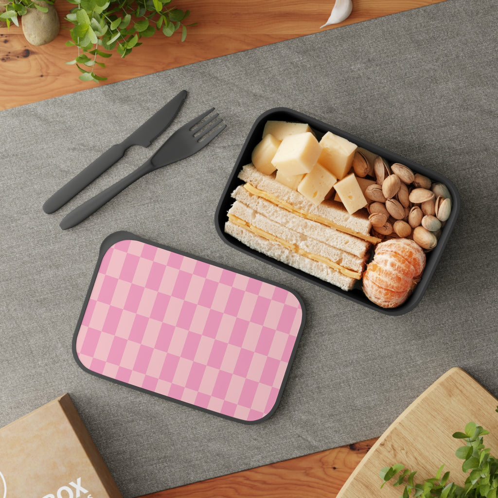 Pink Checkerboard PLA Bento Box with Band and Utensils