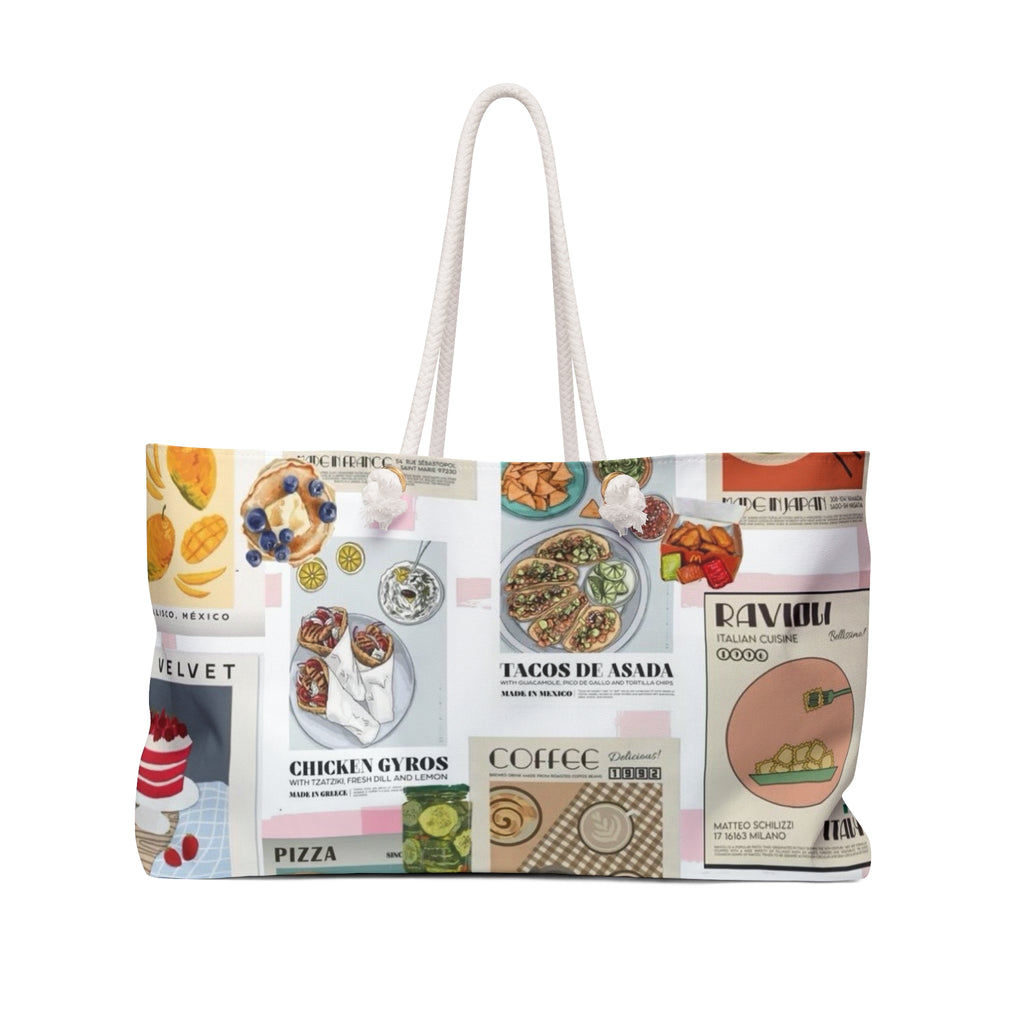 Foodie Collage Weekender Bag – Illustrated Global Cuisine Travel Tote