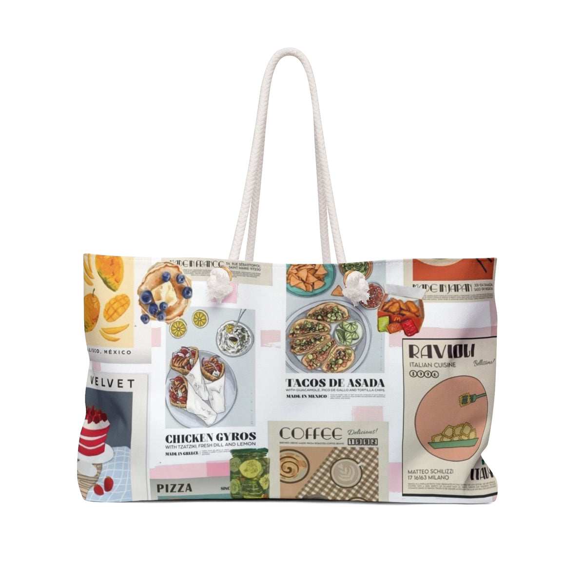 Foodie Collage Weekender Bag – Illustrated Global Cuisine Travel Tote