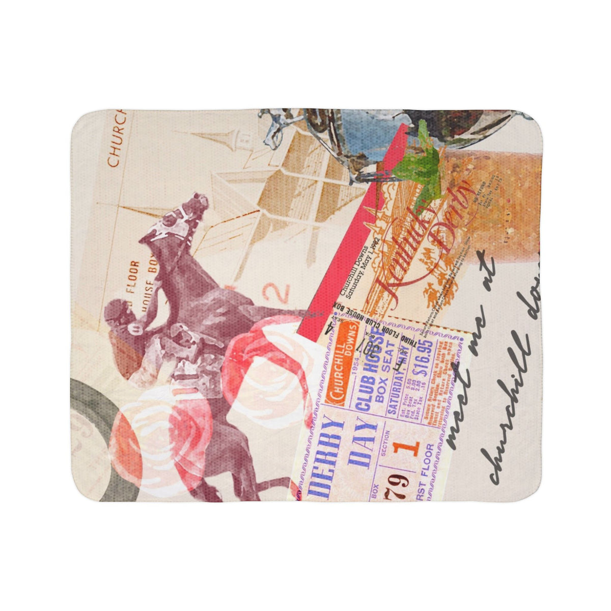 Derby Horse Collage Fleece Sherpa Blanket | Racing Ticket Vintage Churchill Downs