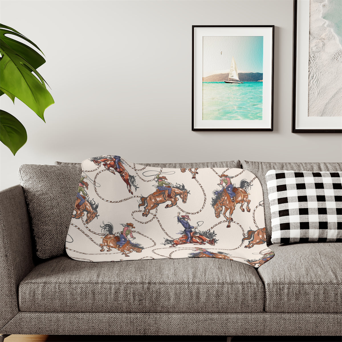 Western Cowboy Rodeo Pattern Sherpa Blanket | Lasso Horses Printed Throw