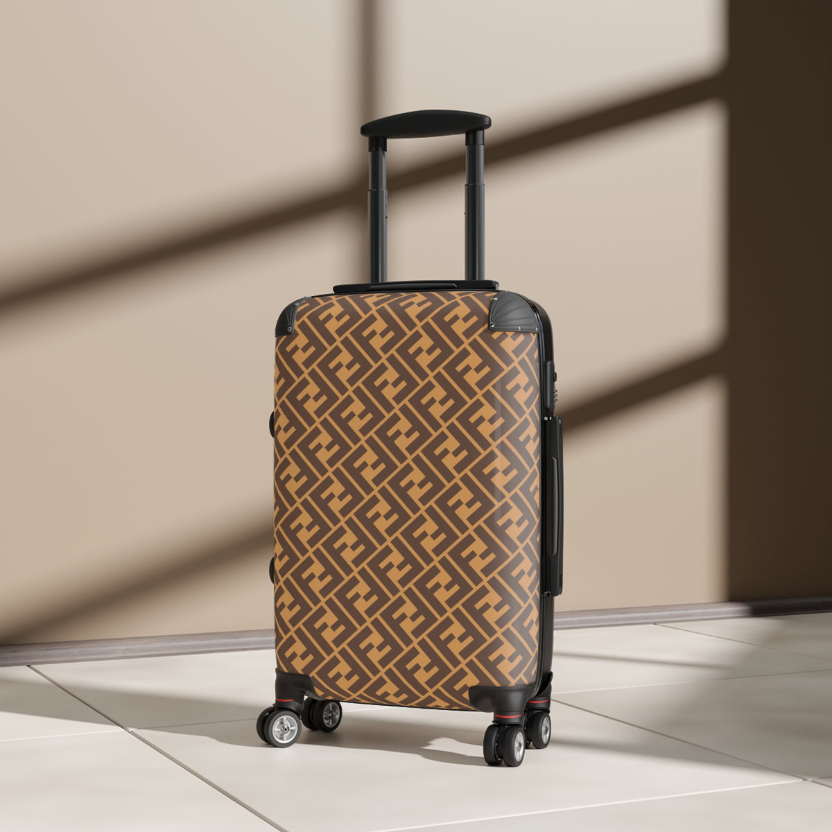 Monogram Repeat Pattern Suitcase | Brown Geometric Luggage