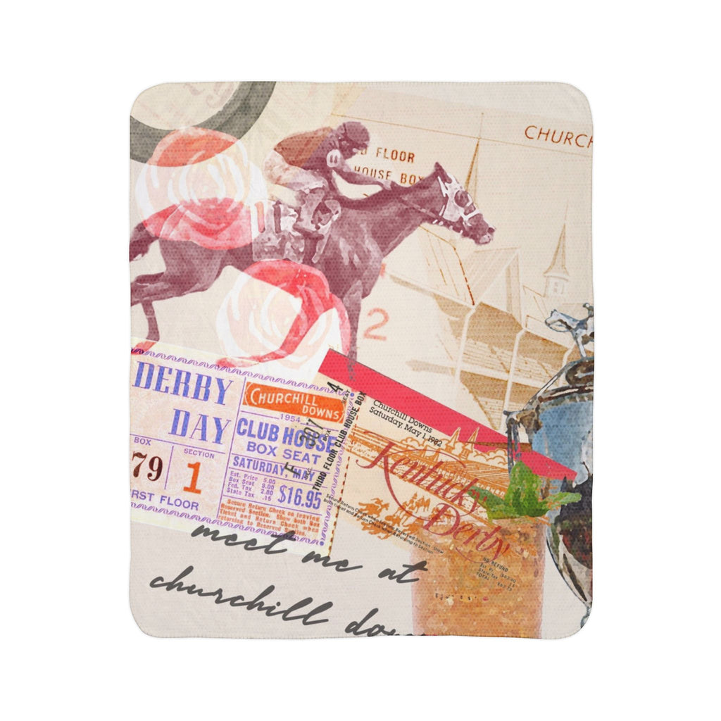 Derby Horse Collage Fleece Sherpa Blanket | Racing Ticket Vintage Churchill Downs