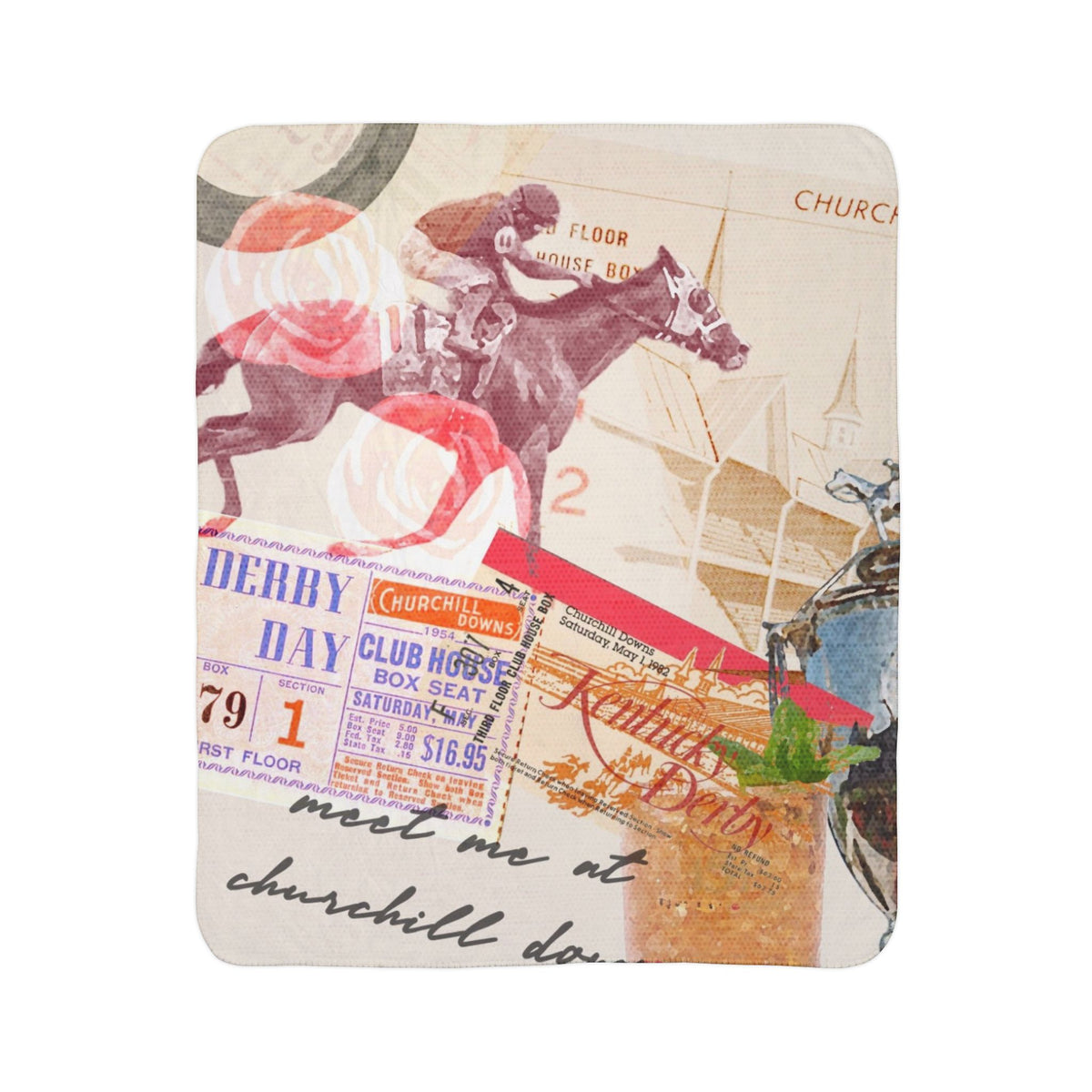 Derby Horse Collage Fleece Sherpa Blanket | Racing Ticket Vintage Churchill Downs