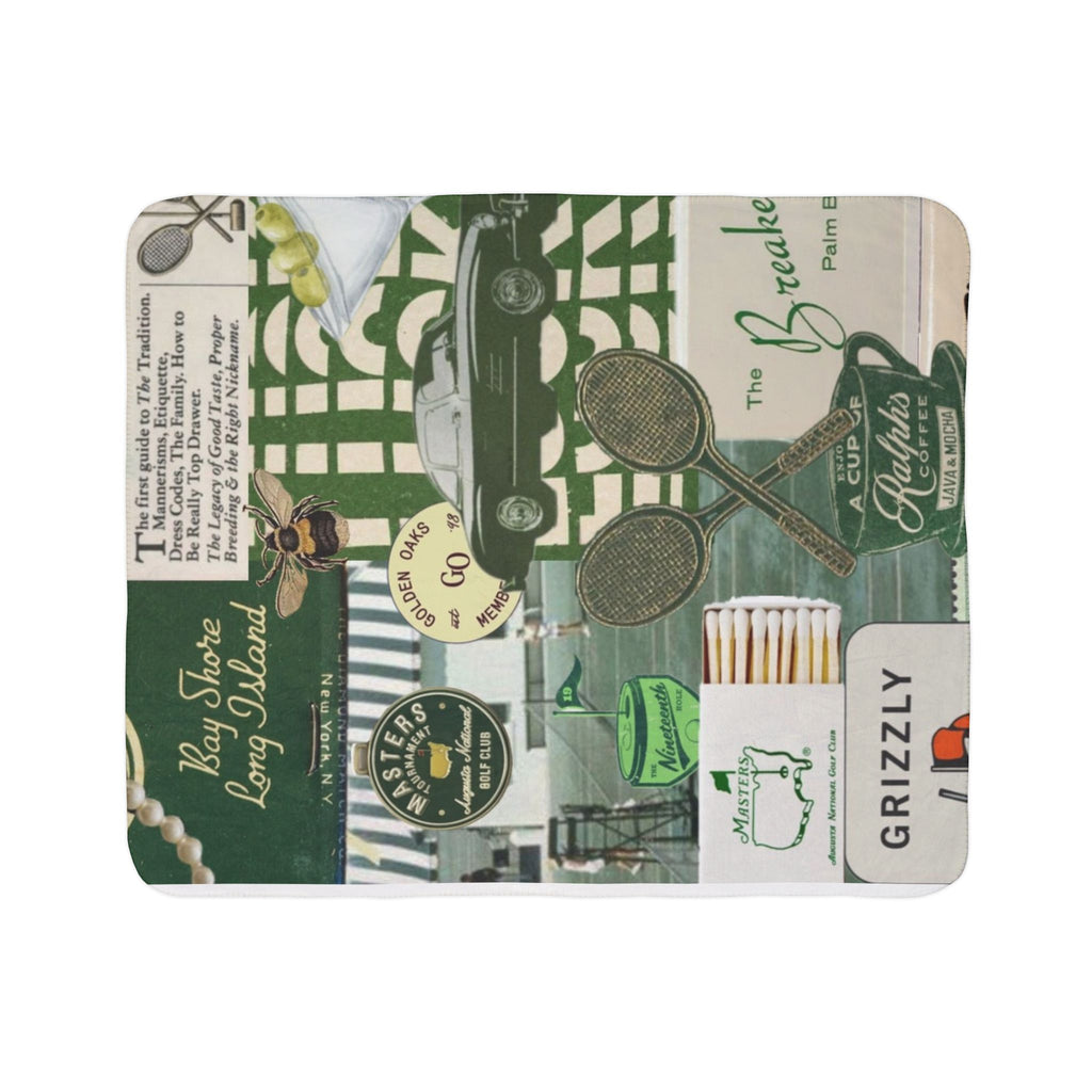Vintage Green Collage Fleece Sherpa Blanket | Retro Car, Tennis, Travel Labels