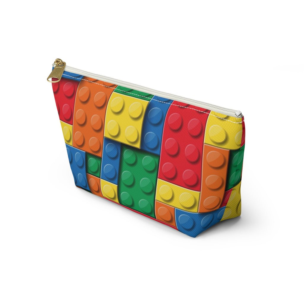 Colorful Building Block Accessory Pouch — Kids Toy Brick Print T-Bottom Makeup Bag
