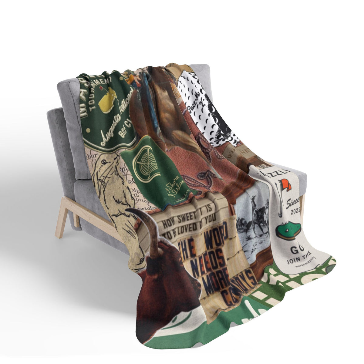 Western Collage Fleece Sherpa Blanket | Rodeo, Cowboy, Golf Ephemera