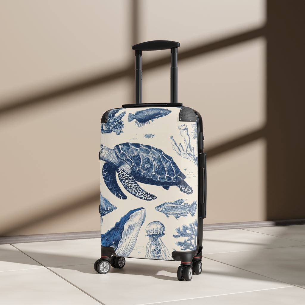 Blue Ocean Sea Life print Suitcase | Turtle Whale Jellyfish Luggage