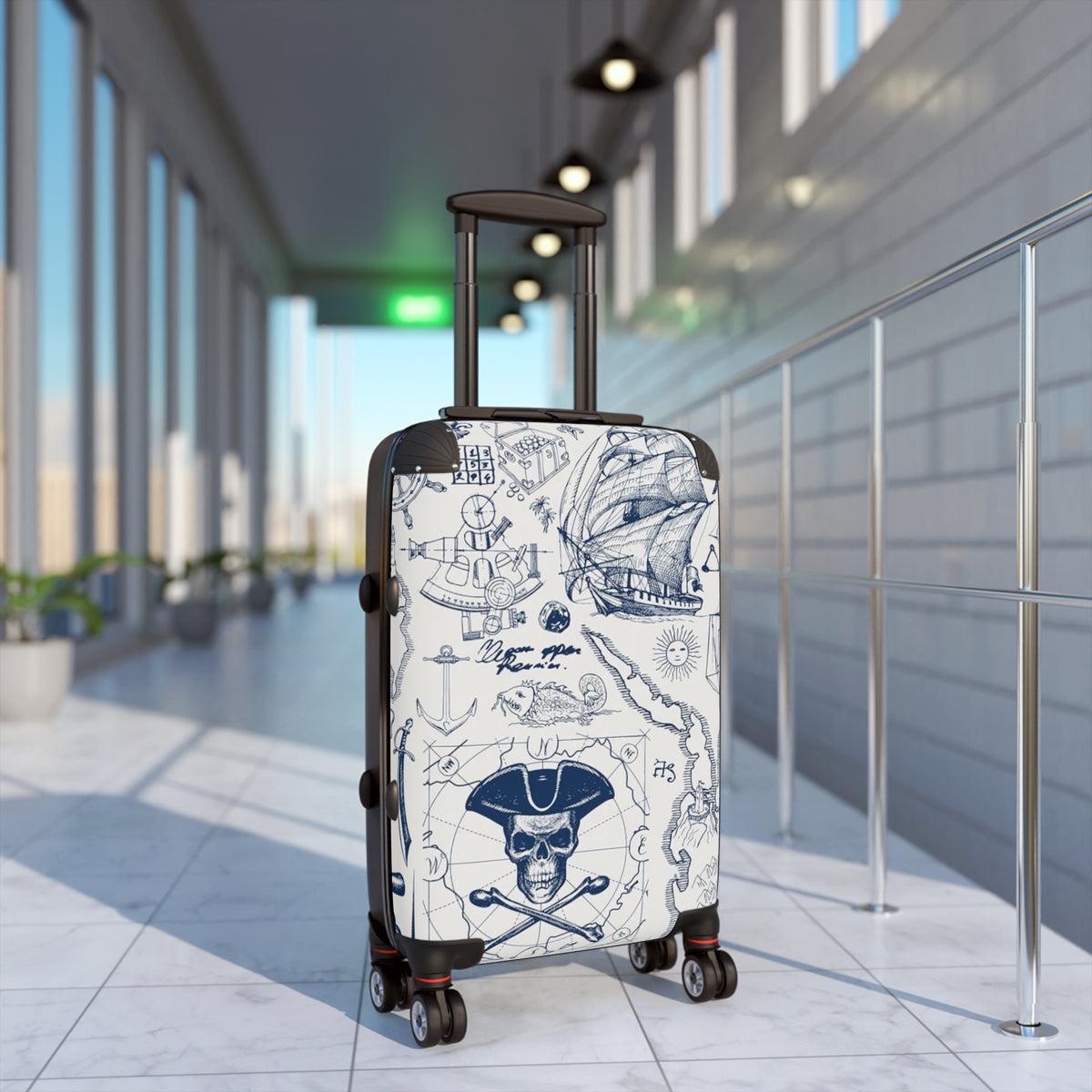 Nautical Pirate Skull Map Suitcase | Travel Luggage with Sailing Ship Print