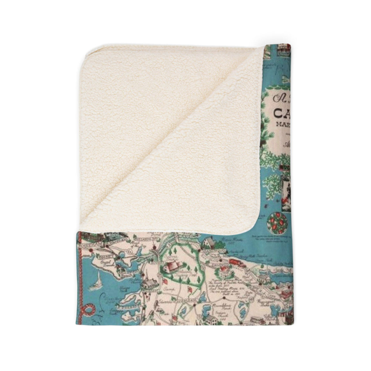 Cape Cod Map Fleece Sherpa Blanket | Nautical Compass, Coastal Map Throw