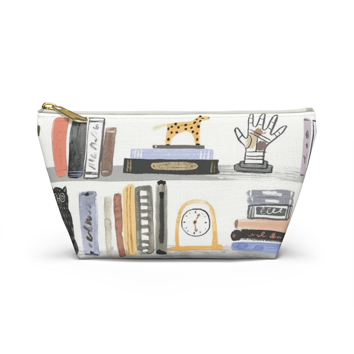 Bookish Accessory Pouch — Illustrated Bookshelf T-Bottom Cosmetic Bag