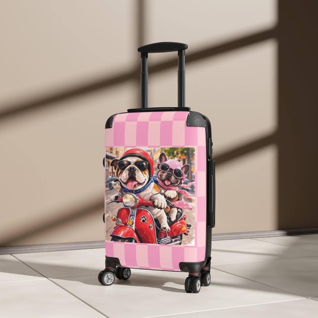 Cute Dogs on Scooter Pink Carry-On Suitcase — Fun Pet Travel Luggage