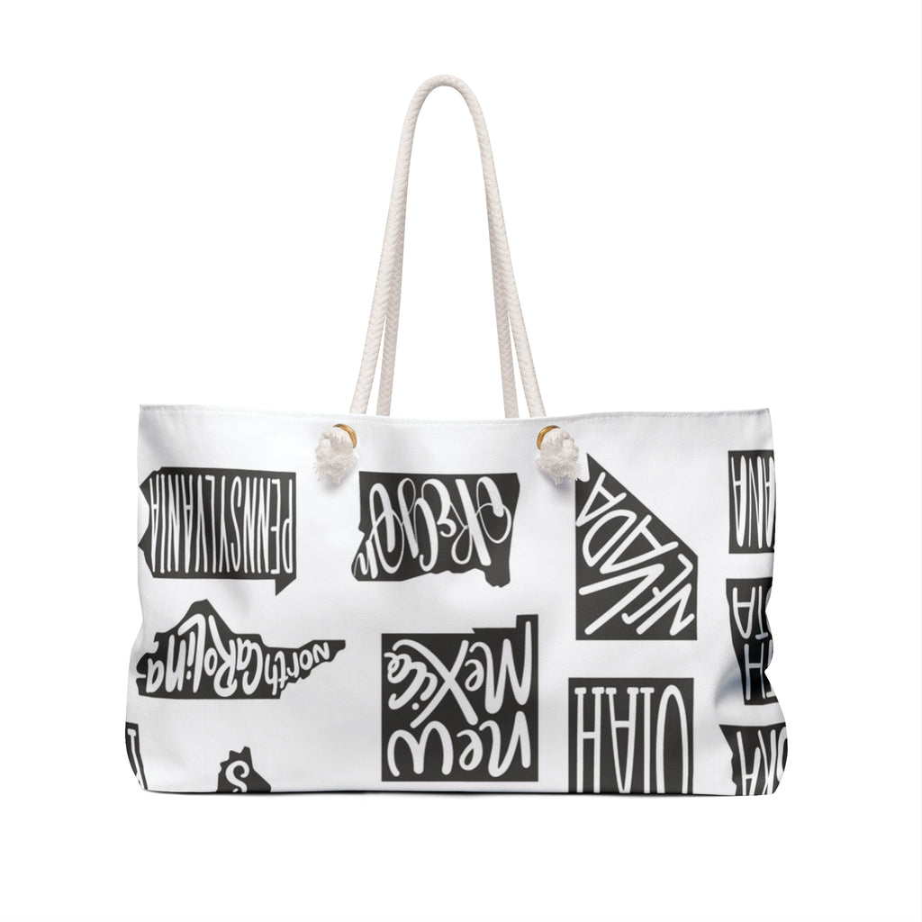 State Silhouette Weekender Bag — Monochrome Travel Tote with Hand-Lettered State Names