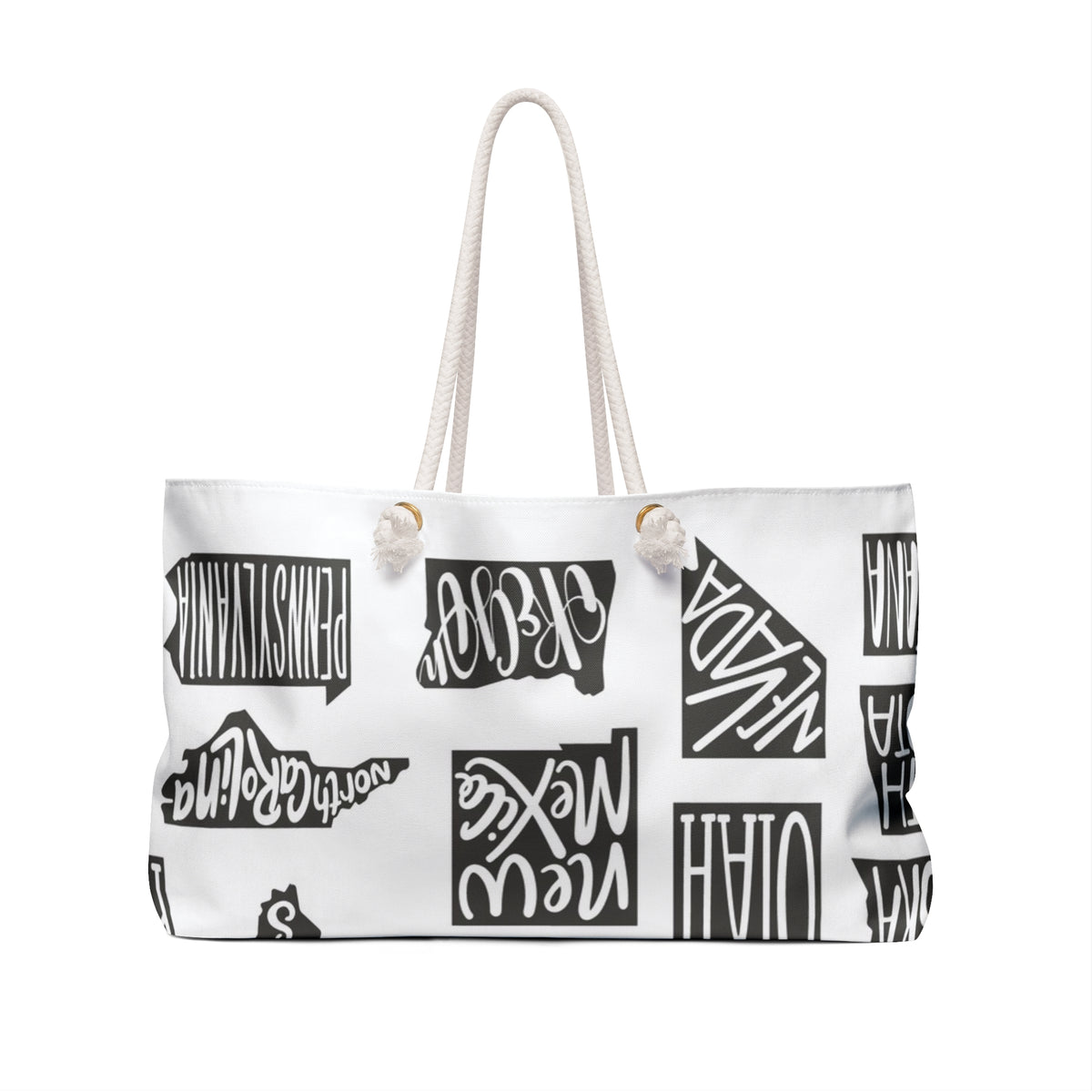 State Silhouette Weekender Bag — Monochrome Travel Tote with Hand-Lettered State Names