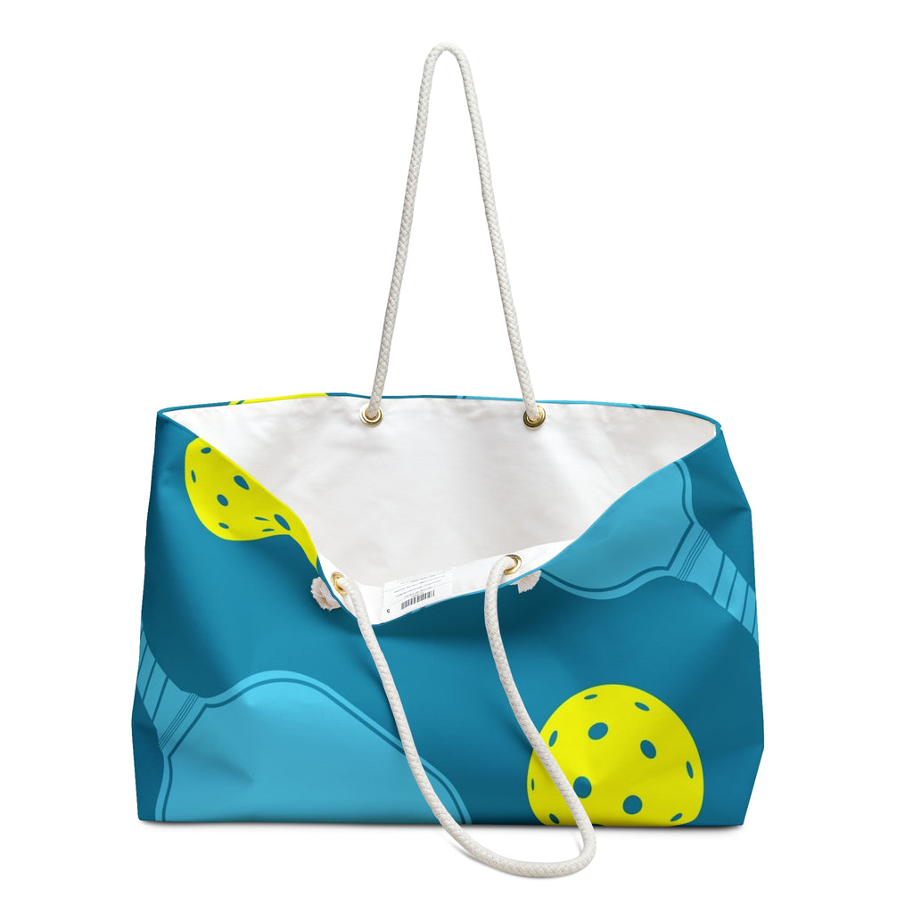 Pickleball Pattern Weekender Bag | Blue Teal Tote with Yellow Paddle Balls