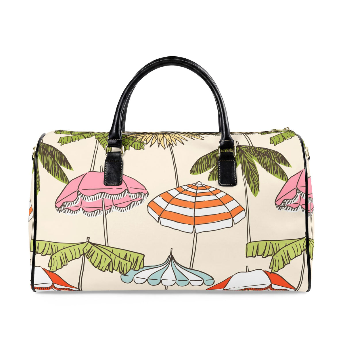 Beach Umbrella Pattern Faux Leather Travel Bag | Tropical Palm Print Duffle