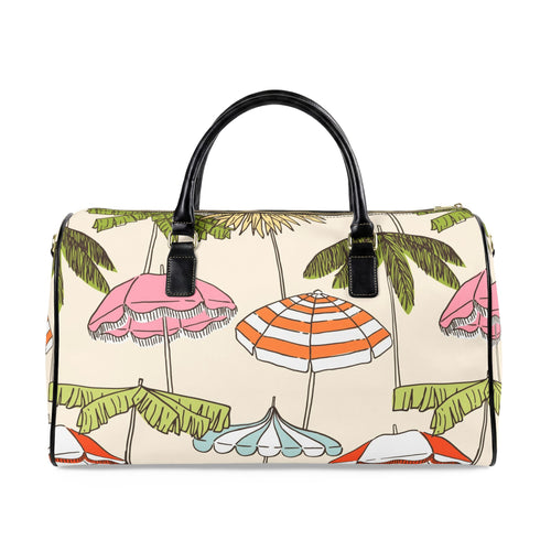 Beach Umbrella Pattern Faux Leather Travel Bag | Tropical Palm Print Duffle