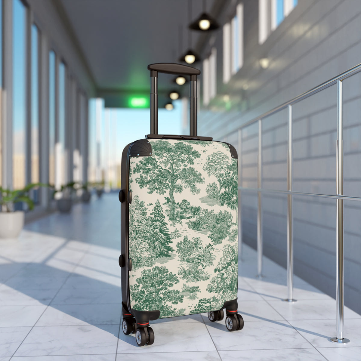 Green Toile Landscape Suitcase | Travel Luggage Cover, Scenic Tree Pattern