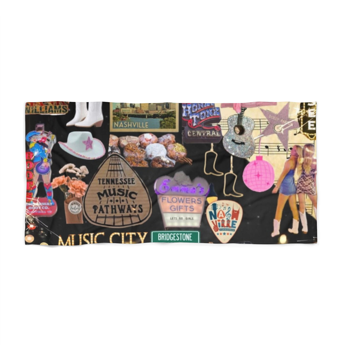 Music City Collage Beach Towel — Nashville Vintage Sticker Graphic