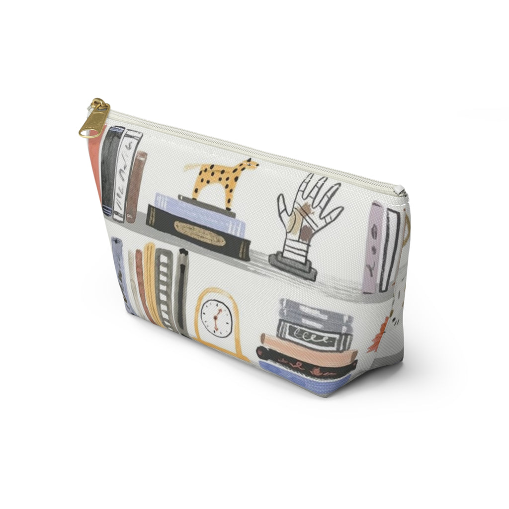 Bookish Accessory Pouch — Illustrated Bookshelf T-Bottom Cosmetic Bag
