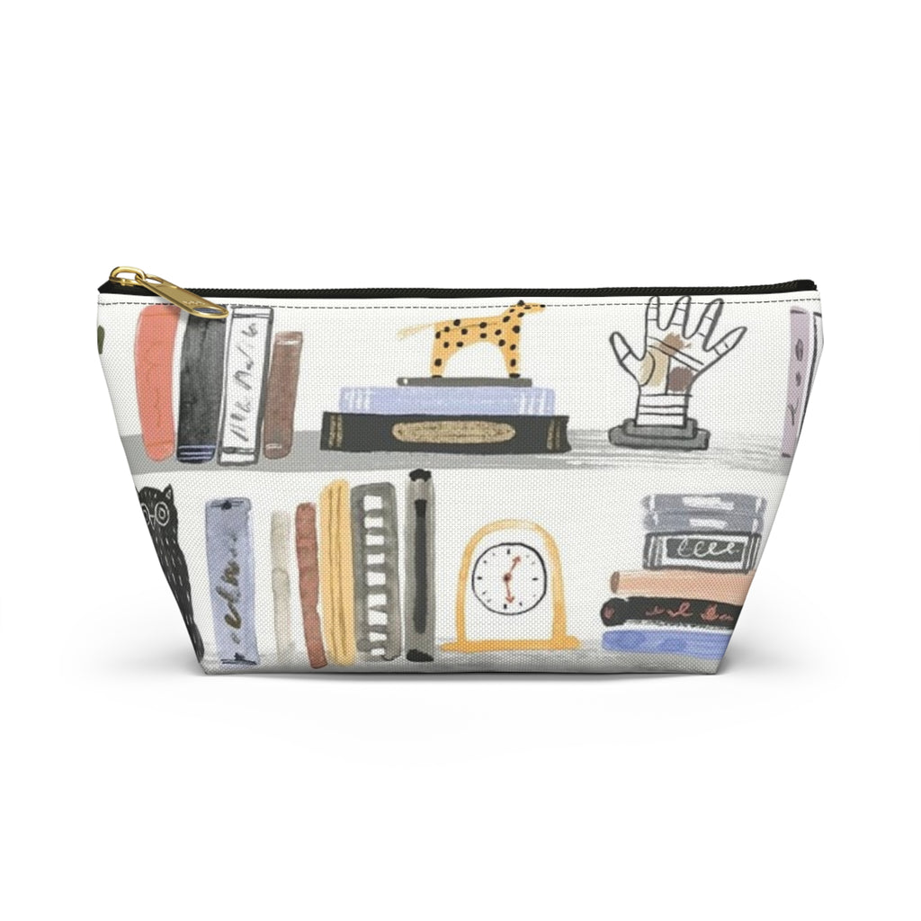 Bookish Accessory Pouch — Illustrated Bookshelf T-Bottom Cosmetic Bag