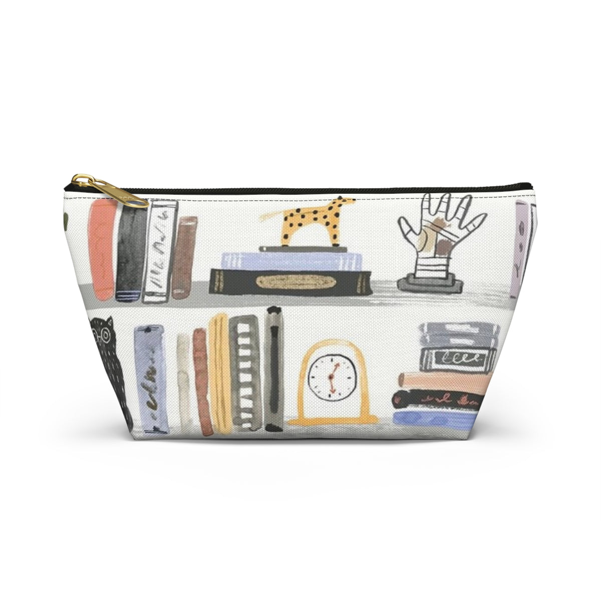Bookish Accessory Pouch — Illustrated Bookshelf T-Bottom Cosmetic Bag
