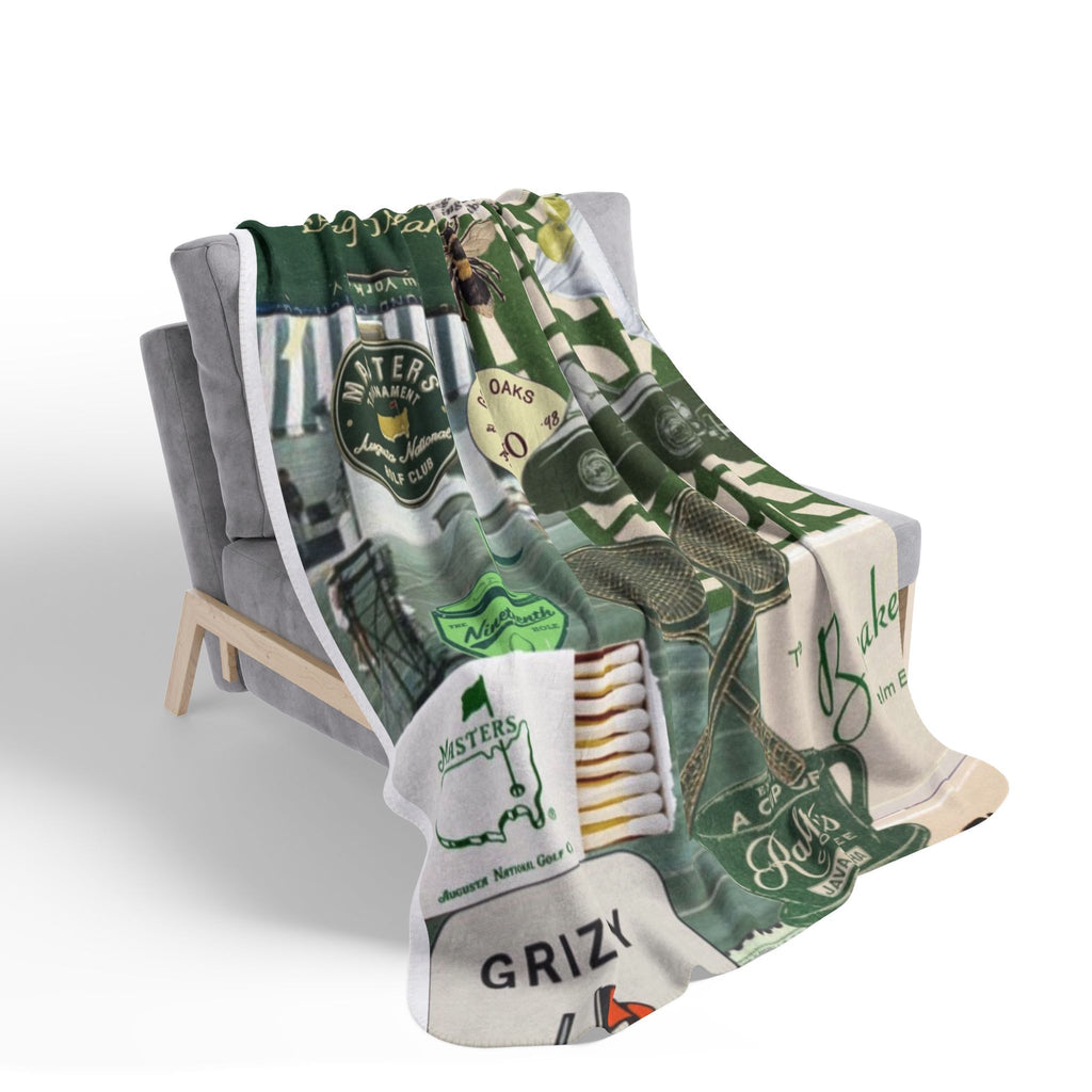 Vintage Green Collage Fleece Sherpa Blanket | Retro Car, Tennis, Travel Labels