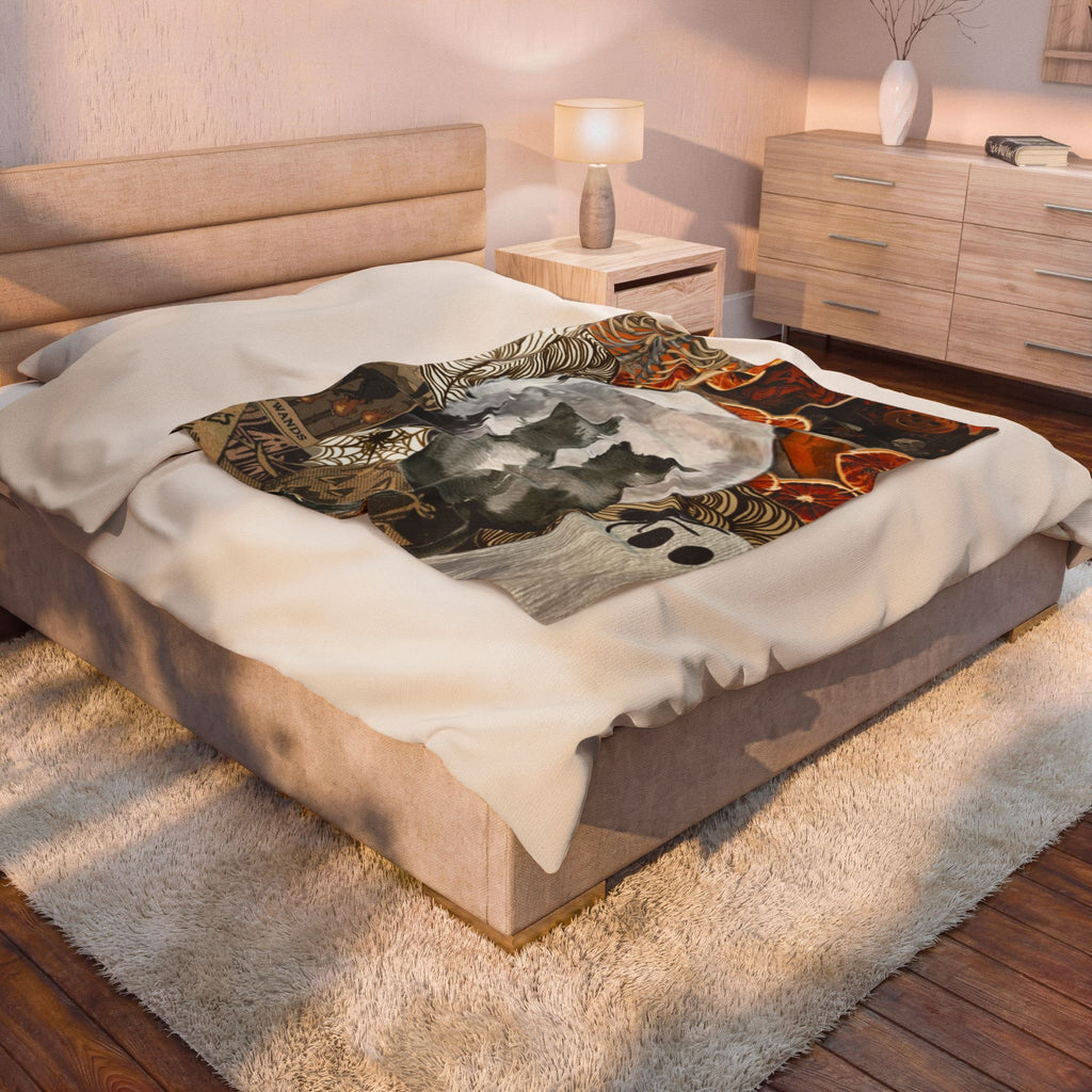 Halloween Moon Plush Blanket — Cats, Ghosts & Pumpkin Collage Velveteen Throw