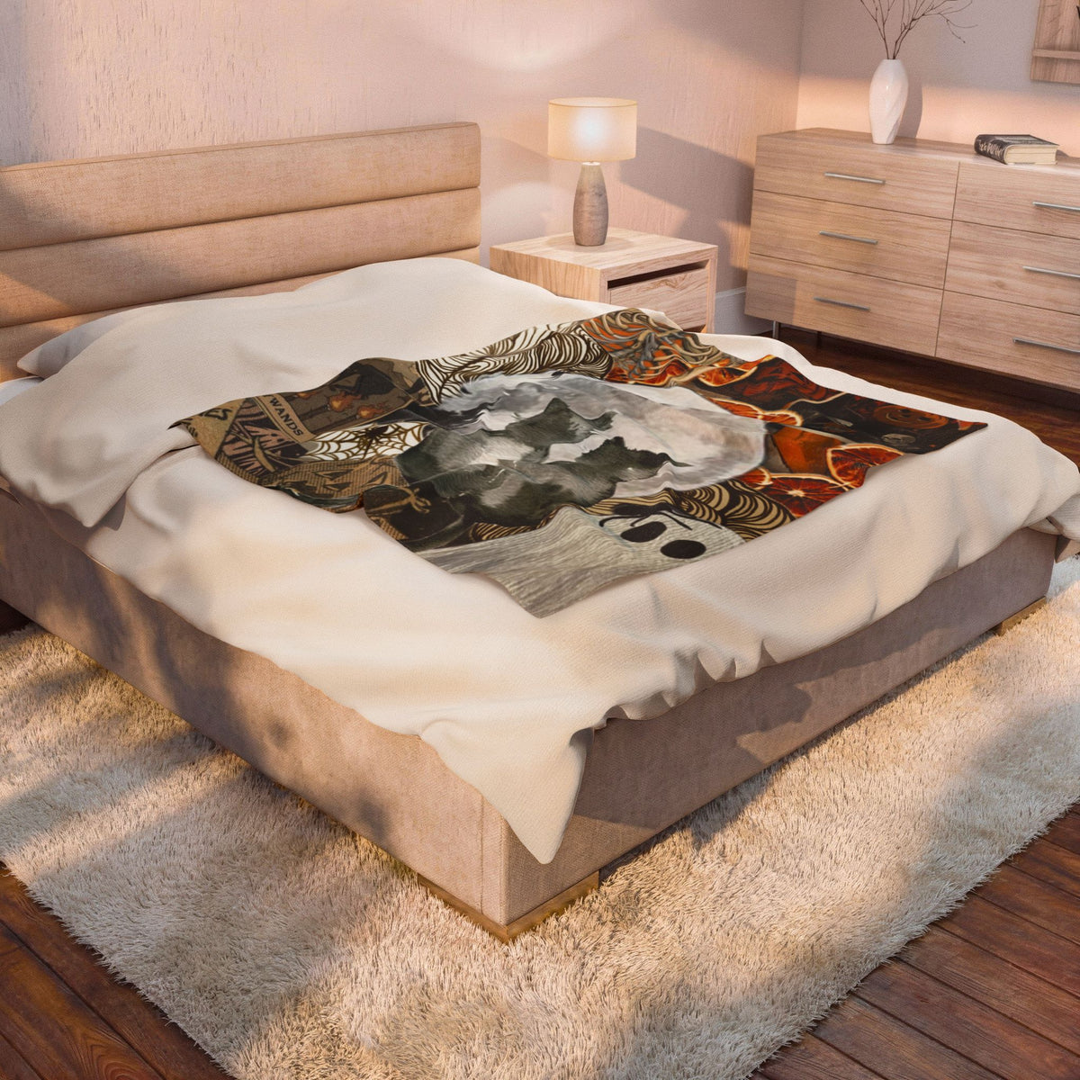 Halloween Moon Plush Blanket — Cats, Ghosts & Pumpkin Collage Velveteen Throw