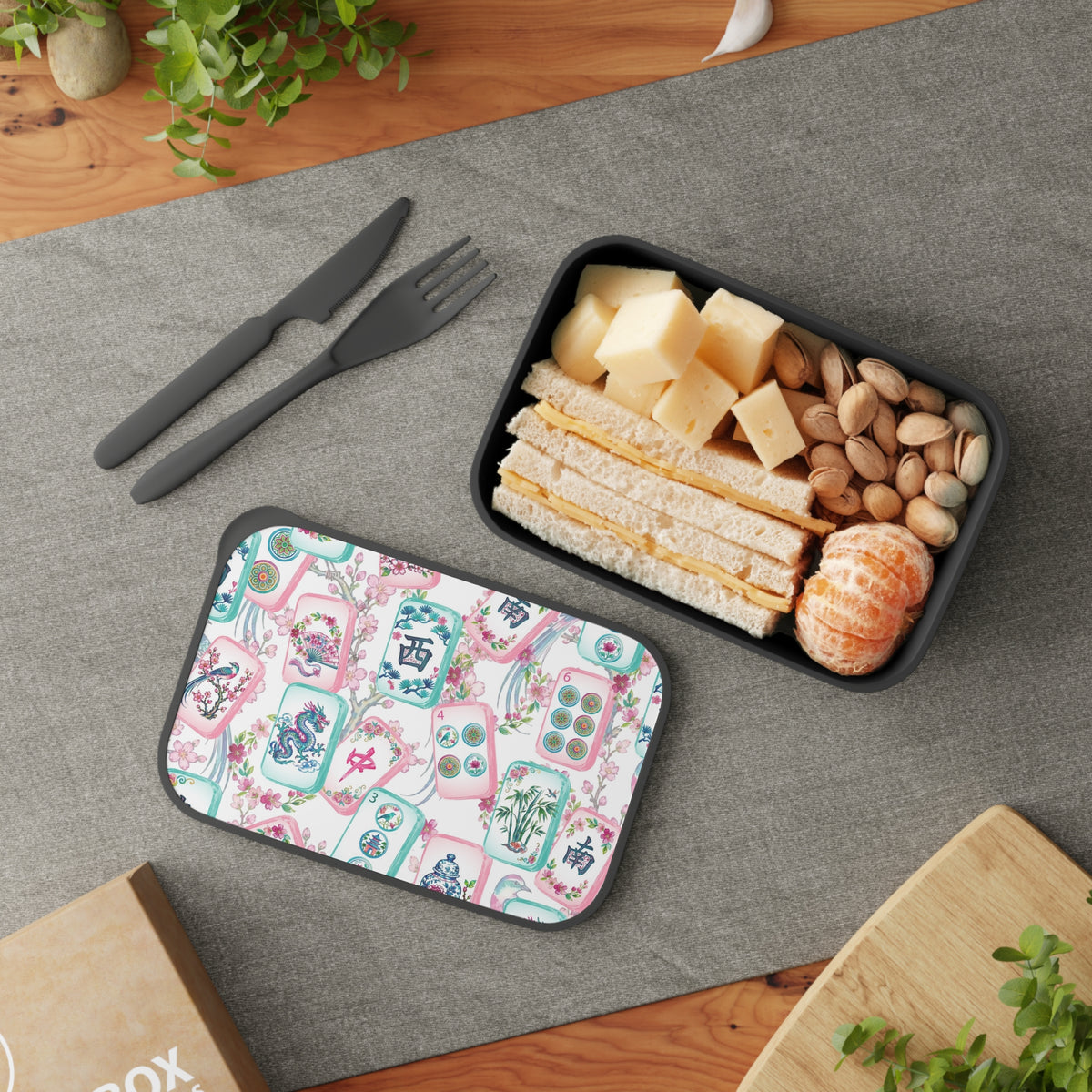 Mahjong Tile Pattern PLA Bento Box with Band and Utensils | Floral Mahjong Lunchbox