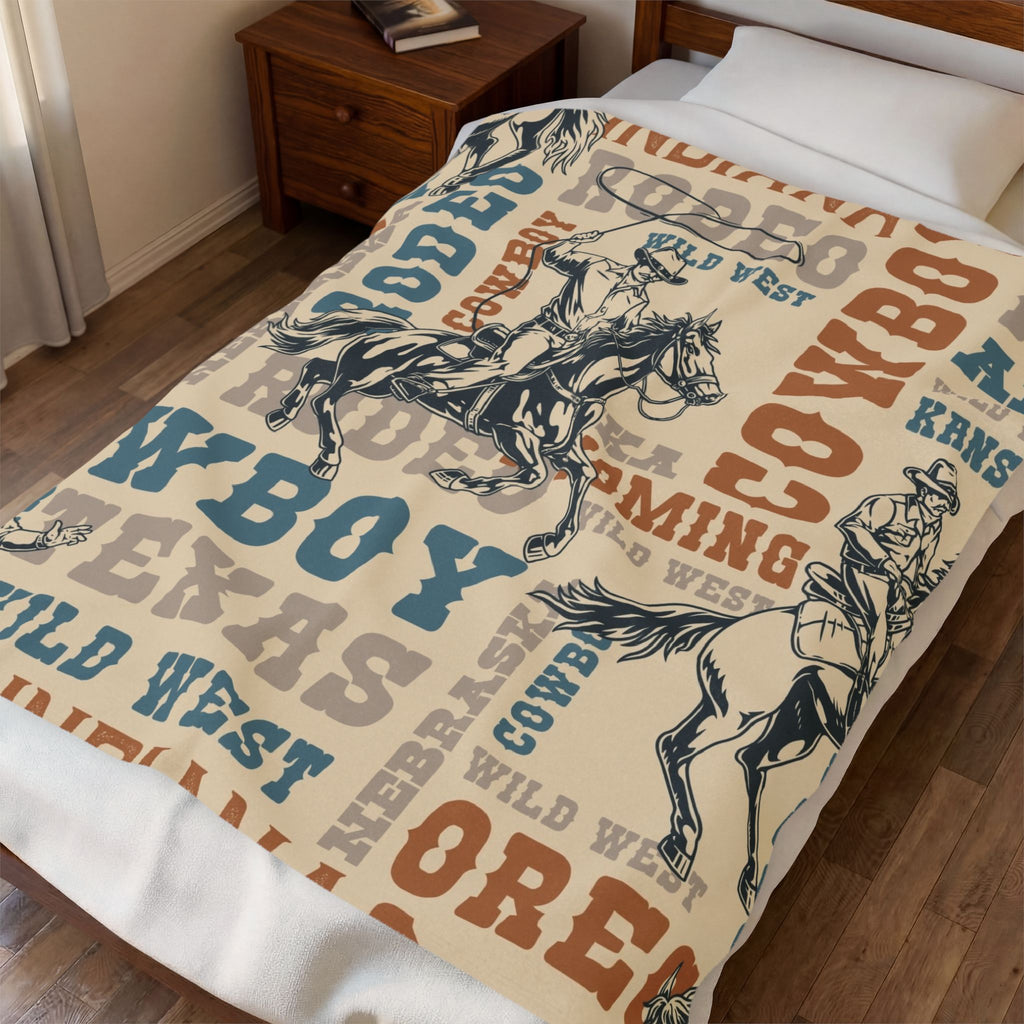 Vintage Cowboy Rodeo Blanket | Western Velveteen Throw, Wild West Typography