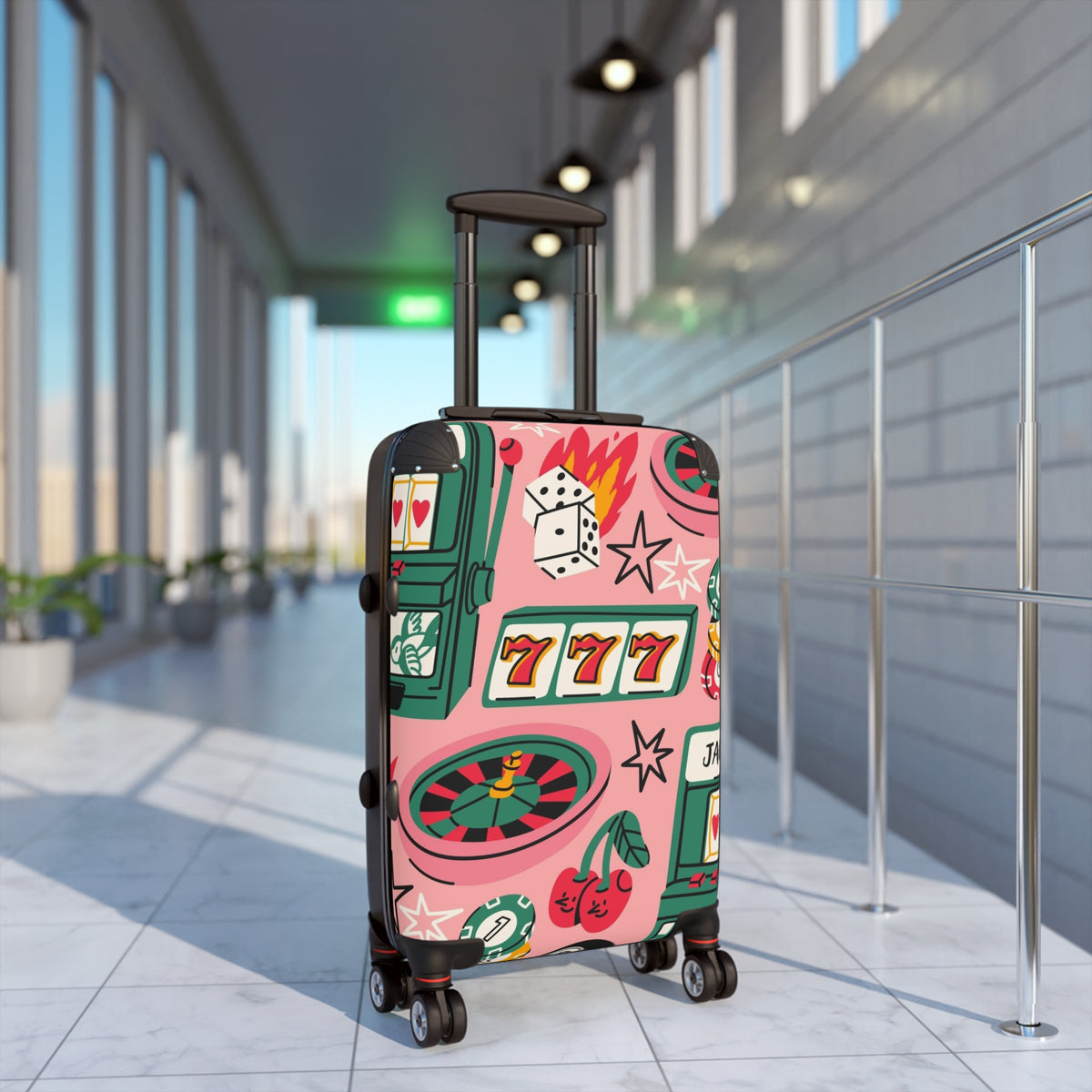 Casino Retro Rolling Suitcase — Pink Slot Machine & Roulette Travel Luggage