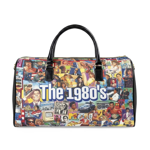 1980s Collage Faux Leather Travel Bag | Retro Pop Culture Duffle